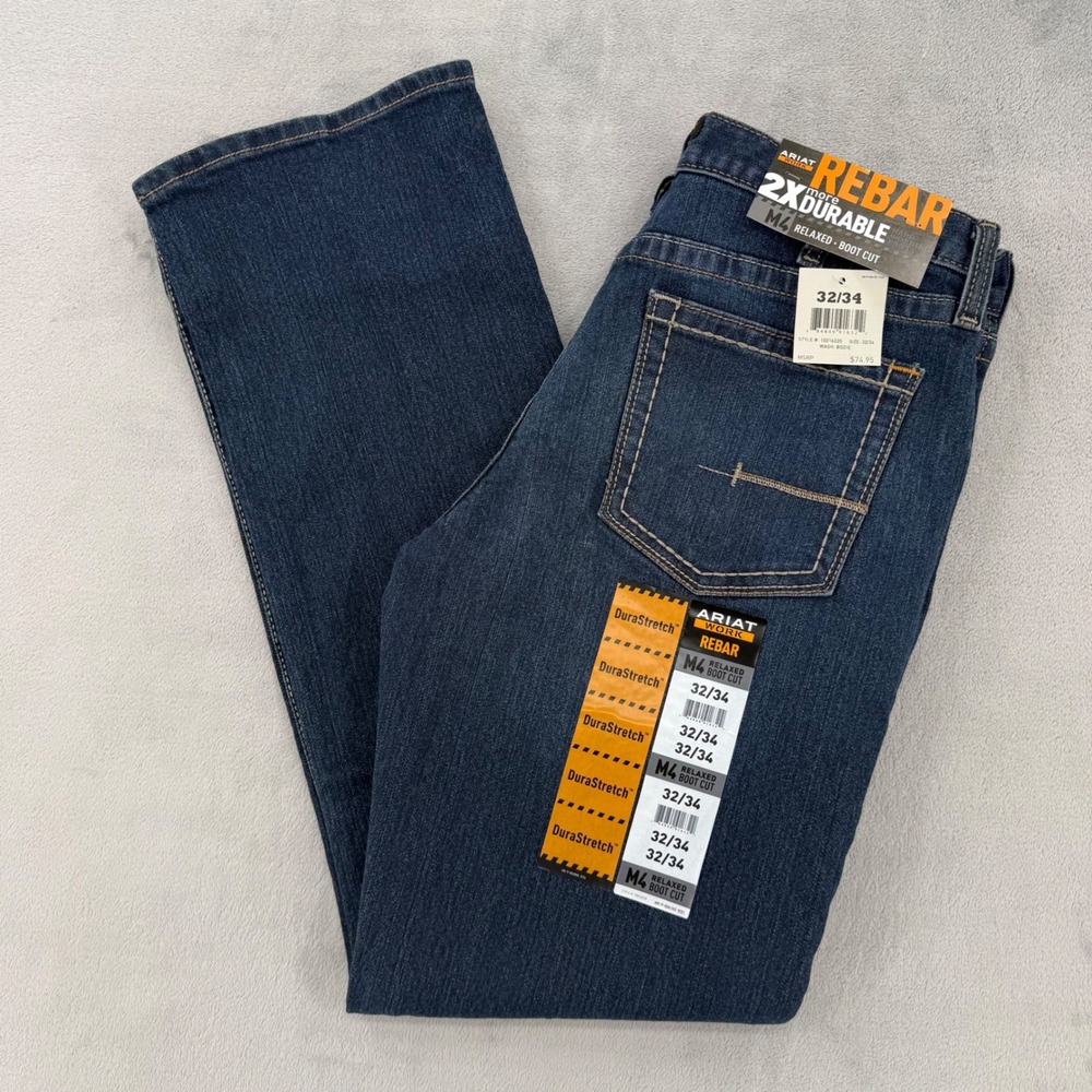 Ariat Rebar M4 Relaxed Boot Cut Jeans Mens 32x34 Bodie Blue DuraStretch Western